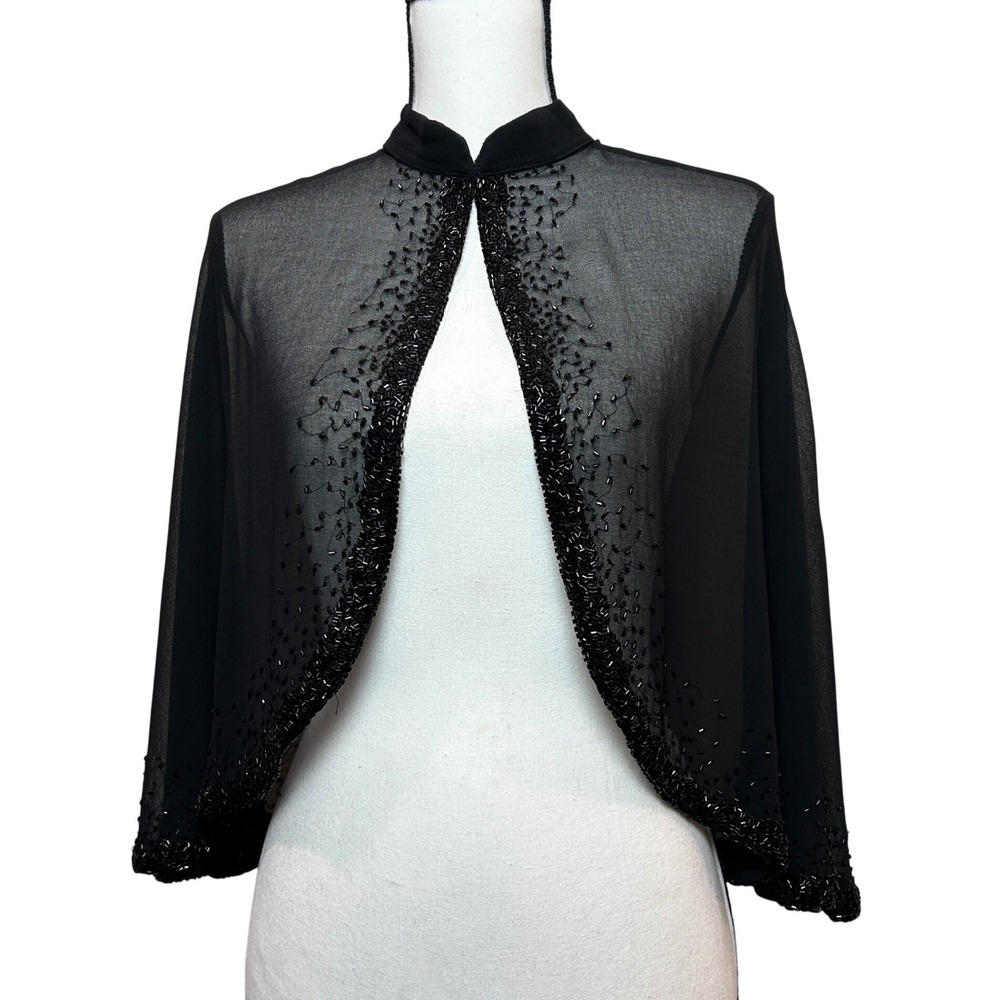JMD Beaded Bolero Shrug Womens One Size OS Black Sheer Chiffon Eveningwear Glam